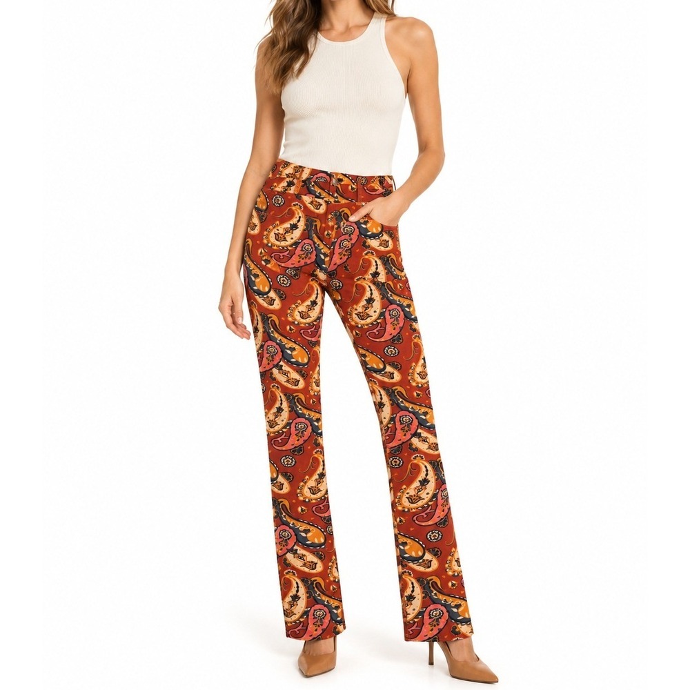 Pilcro Anthropologie Paisley Corduroy Pants Rust Orange Boho Straight Leg 31